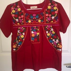 Mexican Style Hand Stitched M Red Blouse